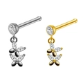 Macro detail of butterfly nose studs with silver and gold plating and cubic zirconia crystals - Butterfly Dangle