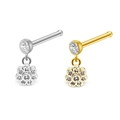 Detailed view of L-shaped nose studs with floral pendants in silver and gold steel - Flower Pendant / Straight Bar / Steel