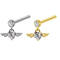 Close-up of gold and silver butterfly heart nose studs with sparkling zircon stones - Heart with Wings