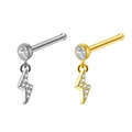 Detailed view of gold and silver lightning bolt nose studs with sparkling cubic zirconia - Lightning Dangle / Straight Bar / Steel