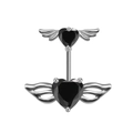 Piercing per ombelico in acciaio con pietre a cuore nero e design ad ali d'angelo - Nero
