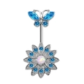 Silver butterfly and daisy navel ring with blue gems and central opal stone inlay - Butterfly Sunflower Style / Silver/Blue