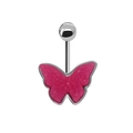 Dettaglio di un piercing all'ombelico in argento con farfalla rosa e ali strutturate - Stile Farfalla Rosa Rosso