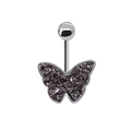 Vista dettagliata del piercing all'ombelico a farfalla con cristalli scuri e metallo lucido - Stile Farfalla Viola