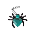 Detailed macro view of a spider nose stud with heart-shaped green stone and L-shape post - Green