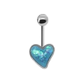 Detail of heart-shaped belly ring featuring a vibrant blue aurora faux opal stone inlay - Blue Heart Style / Silver/Blue