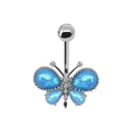 Blue fire opal butterfly belly button ring with silver curved barbell and metal ball - Blue Butterfly Style / Silver/Blue