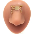 Detailed view of golden bridge piercing with double chains on silicone nose model - Gold Double Ball Double Chain Style (#6)