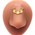 Detail of gold chain septum ring with yellow flower charms and crystals on a nose model - Gold Small Yellow Flower Enamel Style (#12)