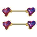 Piercings de mamelon en acier doré avec des cœurs en cristal violet facettés - Or