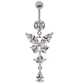 Macro view of silver butterfly belly ring with transparent marquise and heart zircons - Silver Clear Zirconia Butterfly Style