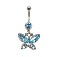 Vue détaillée du piercing nombril papillon avec cristaux bleus et acier inoxydable - Style Papillon Creux Bleu Argenté