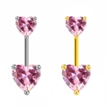 Piercings de nombril polis en argent et or avec des zircons roses en forme de cœur - Argent / Rose