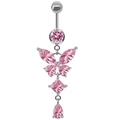 Detailed view of silver belly ring with pink zircon butterfly and teardrop pendant - Silver Pink Butterfly Pendant Style