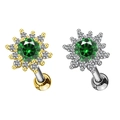 Detail of sunflower ear stud with green center stone in gold and silver finish - Sunflower Style (Silver)