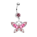 Vue détaillée d'un piercing nombril papillon avec zircons roses et métal argenté - Style Papillon Zirconia Rose Argenté