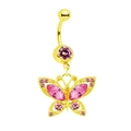 Détail du piercing de nombril doré avec pendentif papillon et zircons roses sertis - Style de Zircone Rose Papillon Or