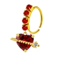 Golden nose ring with heart-shaped red gemstone and sparkling cupid arrow design - Red Arrow Through Heart (#4)