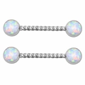 Twisted stainless steel nipple rings with round white synthetic opal stones set in silver - Round White (Twisted Bar)