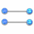 Detail of silver stainless steel nipple ring with vibrant blue opal stones on white background - Round Blue (Twisted Bar)