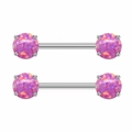 Macro detail of twisted stainless steel nipple rings with pink opal claw setting - Pink