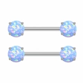 Pair of stainless steel nipple rings with light blue opal stones in a four-claw setting - Blue