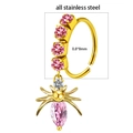 Gold stainless steel nose ring with pink zircon spider pendant in 0.8x8mm size - Pink Spider Style (#9)