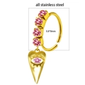 Gold stainless steel nose ring with pink heart fang pendant and zircon insets - Pink Evil Eye Style (#10)