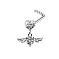 Macro detail of silver L-shaped nose stud featuring angel wing and heart zircon setting - White
