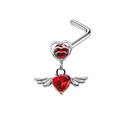 L-shaped silver nose stud featuring red heart zircon and angel wings detail - Red