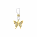 Détail du charme papillon doré avec cristaux blancs et connecteur en silicone transparent - Forme de Papillon Doré