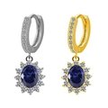 Orecchini pendenti con zaffiro blu ovale in argento e oro con alone di diamanti brillanti - Stile Girasole (Color Acciaio)