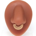 Golden bohemian septum hoop with beaded fan design on a silicone nose model - Gold Fan Pattern Style (#3)