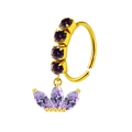 Gold stainless steel nose ring with purple gemstone crown pendant and stud detail - Purple Crown Style (#24)