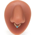 Bohemian gold septum hoop with blue stone and bead detail on a silicone nose model - Gold Blue Stone Style (#6)