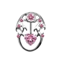 Macro detail of silver naval piercing with pink heart-shaped crystal and vine frame - Hollow Vintage Frame (#2) / Pink Heart Style (#2)