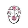 Macro view of silver dolphin navel ring with pink zirconia stones and hollow design - Hollow Ellipse Frame (#1) / Pink Round (#1)