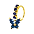 Golden stainless steel nose ring featuring blue gemstones and a butterfly pendant charm - Blue Butterfly Style (#31)