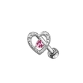 Détail macro d'une boucle d'oreille cœur martelé avec zircon rose et fermoir à vis - Cœur Rose Creux Martelé Argenté (NN3072007)