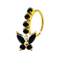 Gold-plated stainless steel butterfly nose ring with black cubic zirconia stones - Black Butterfly Style (#34)