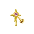Clou d'oreille croix fondue dorée avec zircon cœur rose sur fond blanc pur - Croix Fluide Dorée avec Cœur Rose (ER3072019)