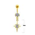 Detail view of 19mm gold starburst belly ring with sparkling zircon stones and curved bar - Clear Star Flare Style (#12)