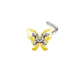 Macro detail of golden butterfly nose stud with inlaid cubic zirconia and L-shaped bar - Clear Crystal Butterfly Style (#15)