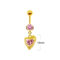 Detailansicht des 15mm herzförmigen rosa Kristall-Bauchnabelpiercings mit Gold-Finish - Gold Herz Rosa Zirkonia (#12)