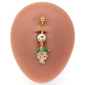 Macro view of gold belly ring with purple crystal grape cluster and green leaf details - Purple Grape Style (#2) / Gold