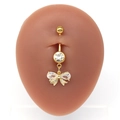 Gold bow belly button ring with sparkling heart cubic zirconia on silicone model - Bowknot Style (#10)