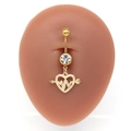 Gold heart-shaped belly button ring with heart rate line and clear zircon inlay - Heart Arrow Style (#14)