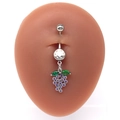 Grape-shaped belly ring with purple zircons and green leaves on a silver curved barbell - Purple Grape Style (#1) / Silver