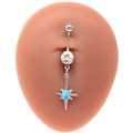 Polished steel belly button ring with blue opal star pendant and clear zircon stone - Blue Star Flare Style (#5) / Silver