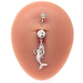 Detailed view of silver mermaid belly ring with sparkling cubic zirconia on body model - Mermaid Style (#7)